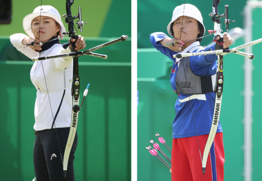 여자양궁 개인전 16강전에서 남북 대결을 벌일 장혜진(왼쪽)과 강은주. /연합뉴스