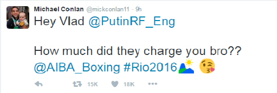 2016 리우올림픽 복싱 남자 밴텀급 8강전에서 러시아 선수에 석연찮은 판정패를 당한 아일랜드의 마이클 콘란이 트위터를 통해 블라디므르 푸틴 러시아 대통령을 비난했다. /출처=마이클 콘란 트위터