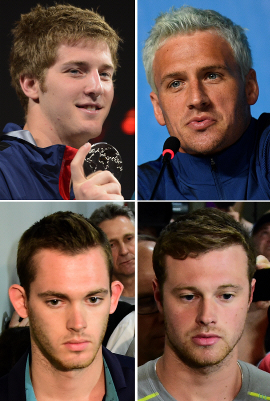 라이언 록티(오른쪽 위) 등 미국 수영 국가대표 선수 4명이 브라질 리우에서 무장 강도를 당했다고 경찰에 신고한 것이 거짓말이었다는 사실이 드러나 미국올림픽위원회(USOC)가 19일(한국시간) 성명을 내고 공식 사과했다.