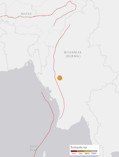 24일(현지시간) 오후 5시 미얀마에서 규모 6.8의 지진이 발생했다. 사진 속 원은 진앙./미국 지질조사국(USGS) 홈페이지 캡처