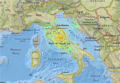 이탈리아 중부 움브리아주 주도 페루자 근처에서 24일(현지시간) 오전 3시 36분께 규모 6.2의 지진이 발생했다고 미국지질조사국(USGS)이 전했다.