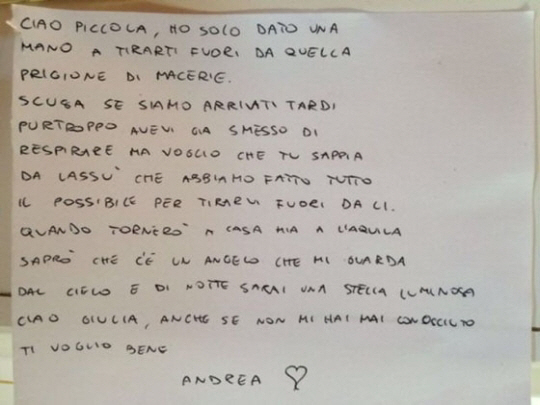 구조대원 안드레아가 9세 소녀 줄리아에게 전하는 편지./BBC 영상 캡처