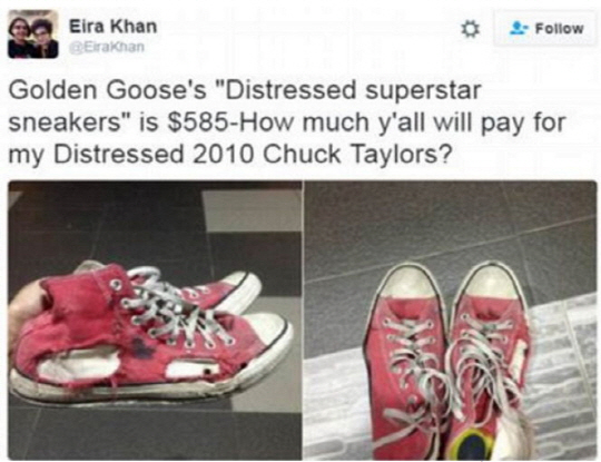 골든 구스의 신발이 자기에게 불편한 감정(Distress)을 준다고 비판하는 시민의 트윗글./출처=‘Eira Khan’ 트위터 캡처