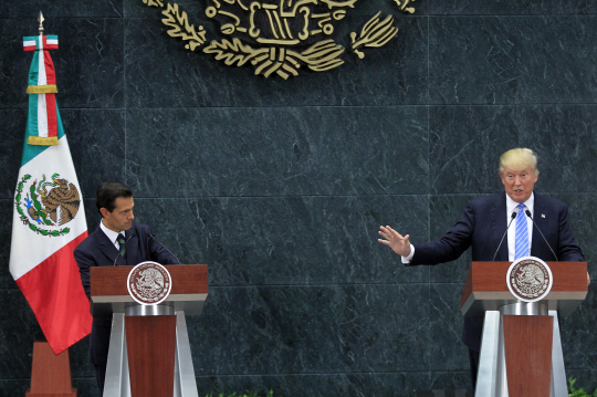 도널드 트럼프(오른쪽) 미국 공화당 대선후보와 엔리케 페냐 니에토 멕시코 대통령이 8월31일(현지시간) 멕시코 수도인 멕시코시티에서 회동한 뒤 공동 기자회견을 열고 있다. /멕시코시티=신화연합뉴스