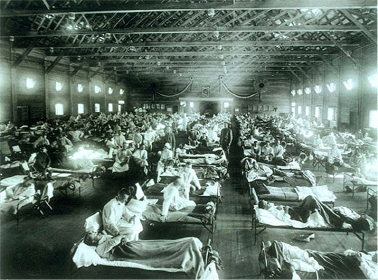 스페인 독감에 걸린 환자들로 꽉 찬 1918년 미국 캔자스주의 한 육군 캠프 병원. 스페인 독감은 제1차 세계대전에 큰 영향을 미치며 전 세계적으로 수천만 명의 사망자를 냈다.