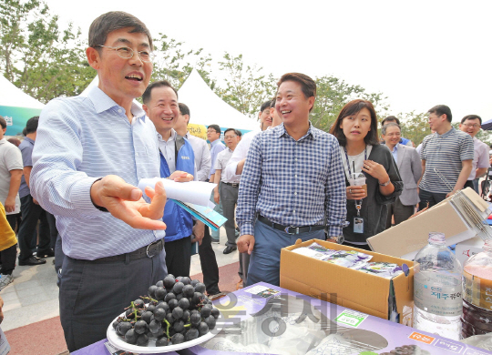 이상훈(왼쪽 첫째) 삼성전자 경영지원실 사장과 삼성전자 임직원들이 6일 수원디지털시티에서 진행된 ‘추석맞이 자매마을 농축산물 직거래 장터’에서 농축산물을 구입하고 있다. 삼성전자가 삼성 계열사와 결연을 맺은 자매마을 농민을 초청해 마련한 장터로 전국 22개 자매마을에서 농축산물 50여종을 가져와 판매했다./사진제공=삼성전자