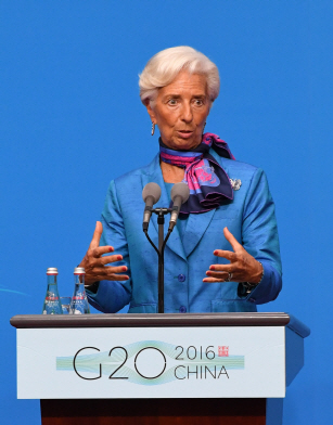 G20회의에서 발언하고 있는 크리스틴 라가르드 IMF 총재/신화연합뉴스