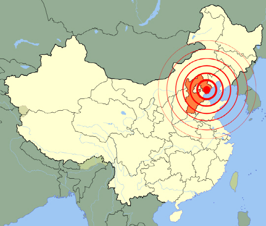 1976년 발생한 탕산 대지진의 진원지./위키피디아