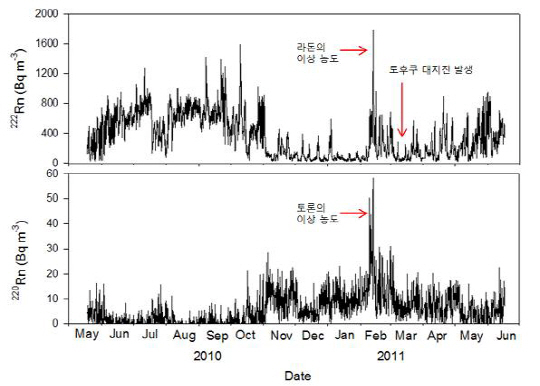 울진 성류굴에서 측정된 라돈과 토론의 농도 변화. 라돈(위쪽 그래프)는 시기와 관계 없이 기상 변화에 따라 이상 농도가 측정됐지만, 토론(아래쪽 그래프)은 일본 대지진 발생 한달 전부터 일정기간 동안 만 평소 농도보가 3~4베 정도 높게 측정됐다.