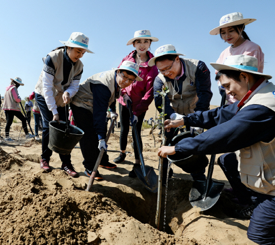 중국 네이멍구쿠부치 사막에서 나무심기 봉사활동에 참가한 채종훈(왼쪽에서 두번째) 대한항공 중국지역본부장과 대한항공 직원 및 중국 대학생들이 나무 심기 봉사활동을 하고 있다. /사진제공=대한항공