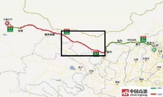 베이징에서 신장 우루무치를 잇는 징신고속도로. 사각형 부분이 개통된 린바이 구간. /사진= 차이나-하이웨이