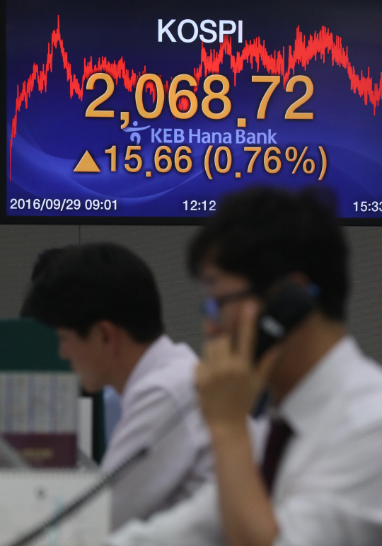 코스피지수가 29일 석유수출국기구(OPEC)발 훈풍에 연중 최고치를 갈아치웠다. 이날 코스피는 전날보다 15.56포인트 오른 2,068.72로 거래를 마감했다./연합뉴스