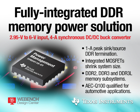 TI, 통합형 DDR 메모리 전원 솔루션 TPS54116-Q1 DC/DC 벅 컨버터 출시