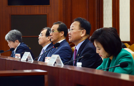 유일호(오른쪽 두번째) 6일 정부서울청사에서 제15차 경제장관회의를 주재, 모두발언을 하고 있다. /사진제공=기획재정부