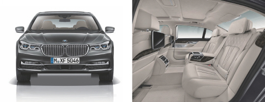 [좌] BMW 뉴 7시리즈의 전면부. [우] 고급스럽고 안락한 느낌을 주는 BMW 뉴 7시리즈 뒷좌석