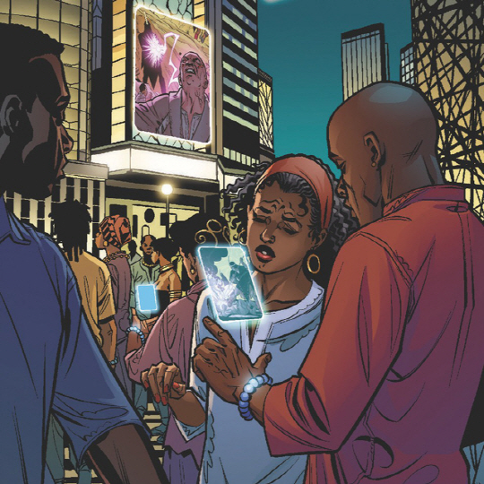 마벨의 새 만화 ‘블랙 팬더’의 한 장면  가상 국가 ‘와칸다’에서는 스마트폰 대신 스마트 구슬을 사용해 이미지를 나타낸다.