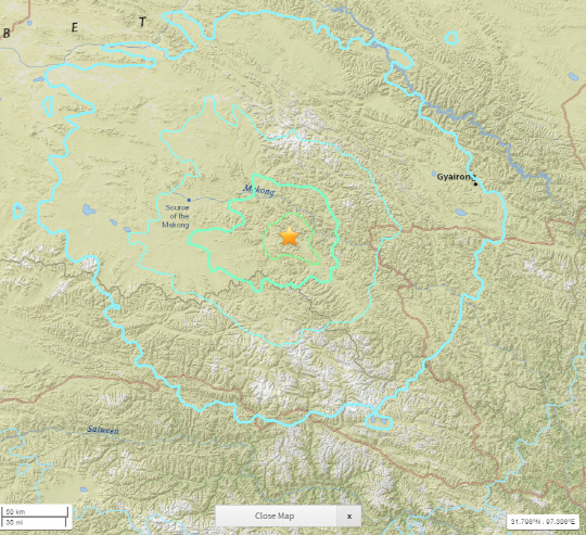 중국 티베트 자치구의 지진 발생 지역 /자료=USGS