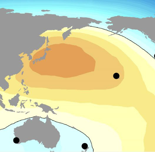 지난 20세기 태평양 일대의 해수면 상승지도. 붉은색이 짙어질수록 상승폭이 크다는 뜻인데 동해와 남해 등 우리나라와 일본 근해가 태평양에서 가장 심각한 수준이다. /이미지제공=나사