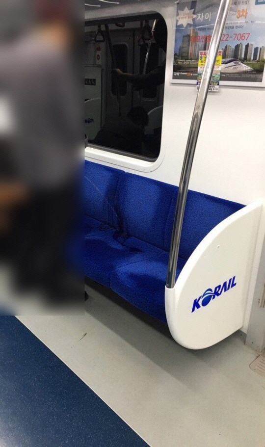 서울 지하철 1호선 좌석에 소변을 보는 남성의 사진이 공개돼 논란이 일고 있다. /출처=트위터