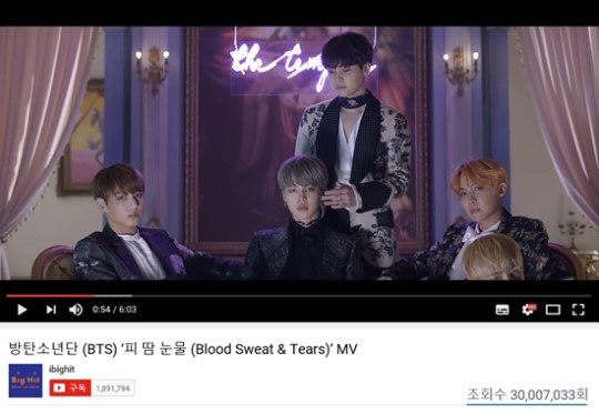 방탄소년단 ‘피 땀 눈물’ MV, 13일 만에 3천만 뷰 ‘K-POP 최단기록’