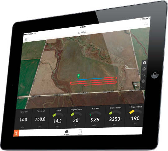 팜모바일의 앱은 재배 일시, 작물 산출량, 수분, 엔진 정보 같은 농업경영학 데이터뿐만 아니라 트랙터, 콤바인을 비롯한 여러 기계의 경로도 실시간으로 보여준다.
