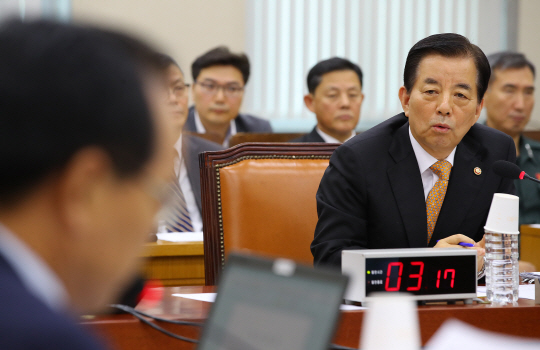 한민구 국방부 장관이 28일 국회에서 열린 국회 국방위원회 전체회의에서 한일 군사정보협정과 관련한 질의에 답변하고 있다.  /연합뉴스