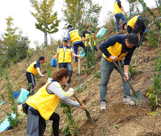 지난 22일 서울 노을공원서 CJ헬스케어 건강한 숲을 조성 중인 CJ헬스케어 임직원들