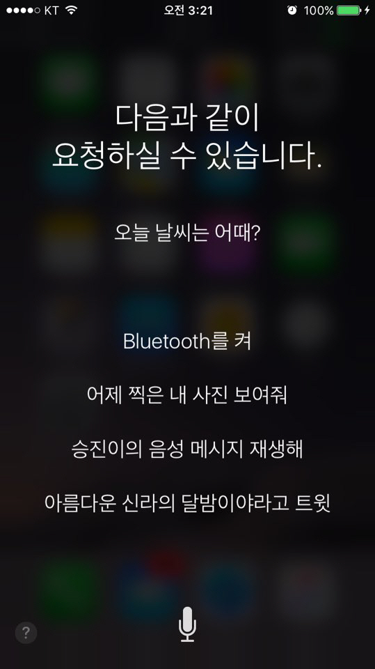 아이폰에서 시리(Siri)를 작동시킨 화면 /김창영기자