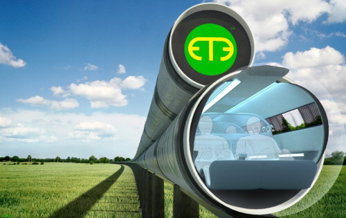 미국의 ET3가 제안한 진공튜브운송(ETT)상상도. 6명의 승객이 타는 캡슐을 전기모터를 써서 진공 터널로 이동시키는 개념이다.