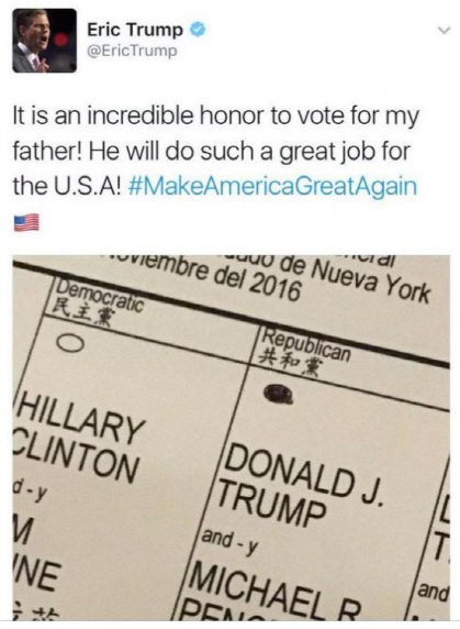 도널드 트럼프의 차남 에릭 트럼프가 트위터에 투표 내용을 공개해 선거법 위반 논란에 휩싸였다. /트위터 캡처