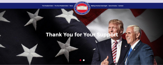미국 도널드 트럼프 대통령 당선인 인수위 홈페이지 메인 화면. 트럼프가 부통령인 마이클 펜스와 함께 미소를 짓고 있다. /사진=홈페이지 캡쳐