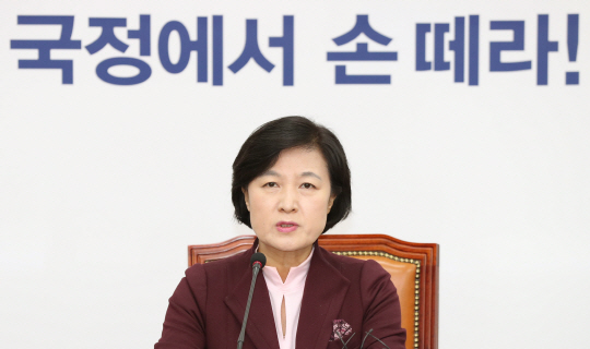 더불어민주당 추미애 대표가 11일 오전 국회 본청에서 열린 최고위원회의에서 발언하고 있다./연합뉴스