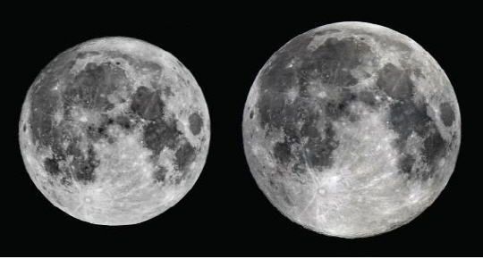 올해 가장 작은 달(4월 22일, 왼쪽)과 가장 큰 달(11월 14일, 오른쪽)의 비교 사진. /한국천문연구원=연합뉴스