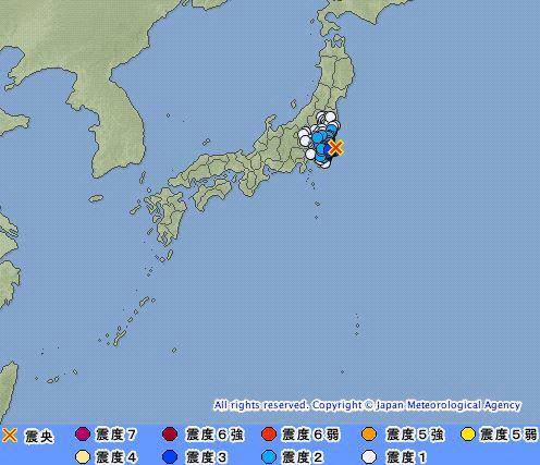 지진으로 인한 각지의 진도 표기, X 표시한 곳이 진원/일본 기상청 제공=연합뉴스