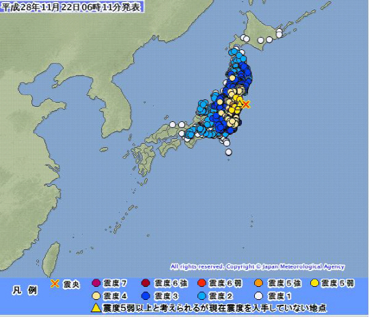 일본 후쿠시마(福島)에서 22일 오전 6시께 규모 7.3의 지진이 발생해 쓰나미 경보가 내려졌다. /일본 기상청 홈페이지=연합뉴스