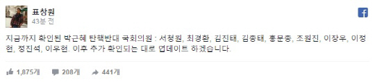 표창원, '박 대통령 탄핵 반대 의원들 명단 1차 공개' 누가 있나
