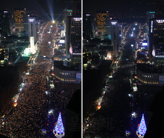 3일 오후 서울 광화문광장에서 열린 박근혜 대통령 퇴진을 요구하는 6차 주말 촛불집회에 참가한 시민들이 '세월호 7시간'을 밝히자는 의미로 7시에 맞춰 소등을 하고 있다./사진공동취재단