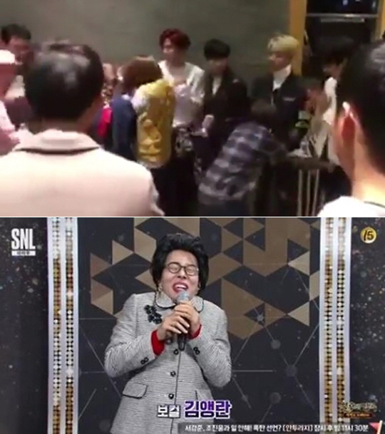 tvN ‘SNL코리아8’ 크루 이세영의 B1A4 성추행 장면과 정이랑의 엄앵란 비하 패러디 / 사진 : tvN ‘SNL코리아8’