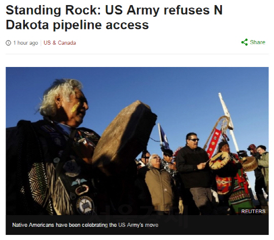 미국 노스다코타 주 스탠딩 락 보호지구 원주민 시위대/BBC 홈페이지 화면 캡쳐
