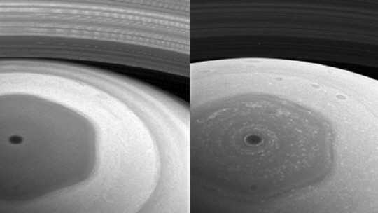 토성의 북반구에서 발견된 육각형 소용돌이 이미지/사진=BBC