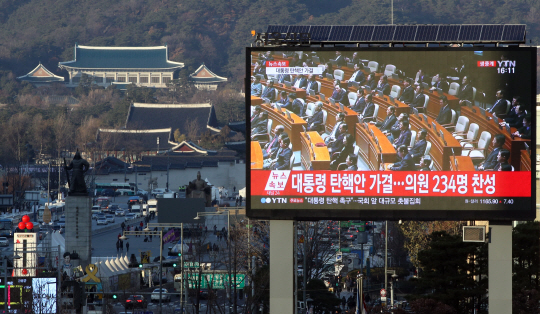 9일 오후 서울 중구 프레스센터 앞 전광판에 박근혜 대통령 탄핵소추안 표결 중계방송이 나오고 있다. / 연합뉴스