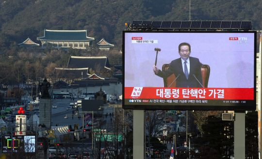 박근혜 대통령 탄핵소추안이 가결된 9일 오후 한국프레스센터 앞 전광판에 표결 결과가 중계방송되고 있다 . 왼쪽 위로 청와대의 모습이 보인다 /연합뉴스