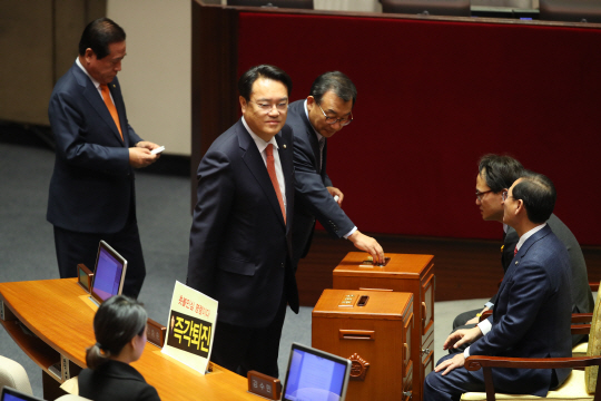 이정현 새누리당 대표와 정진석 원내대표가 9일 오후 국회에서 열린 본회의에서 박근혜 대통령 탄핵소추안에 투표하고 있다. /권욱기자