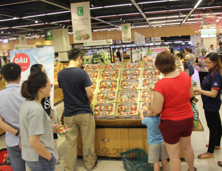 롯데마트 남사이공점에서 베트남 고객들이 국산 딸기를 구매하고 있다. / 사진제공=롯데마트