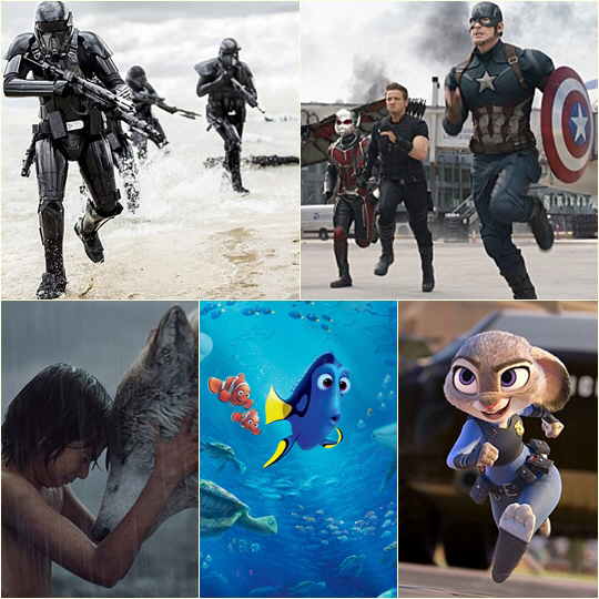 2016년 디즈니에서 선보인 영화들 ‘로그 원 : 스타워즈 스토리’, ‘캡틴 아메리카 : 시빌 워’, ‘주토피아’, ‘도리를 찾아서’, ‘정글북’ / 사진제공 = 디즈니