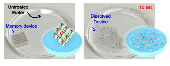 최양규 교수팀이 개발한 보안용 메모리소자의 용해 시연 장면. 물이 담긴 투명용기에 네모난 메모리칩을 넣었더니(왼쪽 사진) 10초만에 물에 녹아 흩어졌다(오른쪽 사진). /사진제공=KAIST