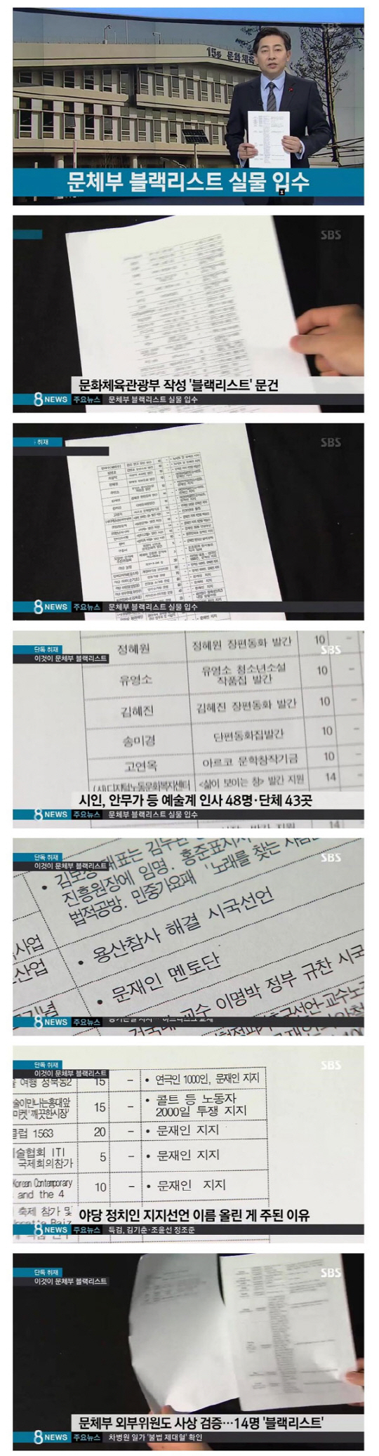 지난 26일 SBS 8시 뉴스에서 문제부 블랙리스트 문건을 입수해 보도했다./사진=SBS 8시뉴스 캡처