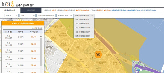 ‘입주 가능 주택 찾기’ 서비스 예시. 기준 가격보다 일정 비율 이하의 주택을 검색할 수 있다./국토부.