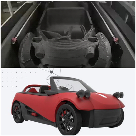 미국계 자동차제조사 ‘로컬모터스(LM)’이 3D프린터를 이용해 바닥부터 위로 자동차를 인쇄해 쌓듯 찍어내는 모습(위)과 완성된 자동차 모습(아래)/사진제공=LM