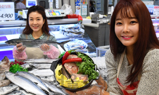 3일 오전 서울 롯데마트 서울역점에서 모델들이 다가오는 설 명절을 맞아 정부 비축 수산물을 선보이고 있다.   정부 비축 수산물이란 정부가 대중적인 인기 어종을 제철 시즌에 집중 수매해 명절 등 수요가 급증하는 시즌에 방출하는 물품으로 오는 5일부터 제주 은갈치(국내산/ 1마리 6000원), 동태(원양산/1마리 2100원), 삼치(국내산/1마리 2300원) 등을 판매할 예정이다./송은석기자songthomas@sedaily.com